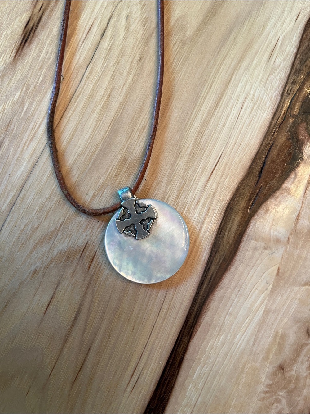 Sterling Silver Mother-of-Pearl Disc Necklace with Celtic Cross Accent - White